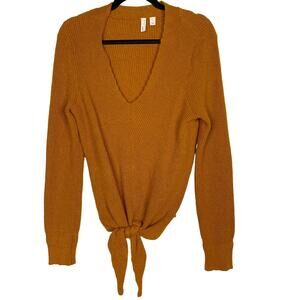 Anthropologie Moth Small S Rust Orange Freeport Ribbed Tie Front Sweater VNeck